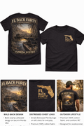 Black t-shirt with 'FL Back Forty Outfitters' design on a white background
