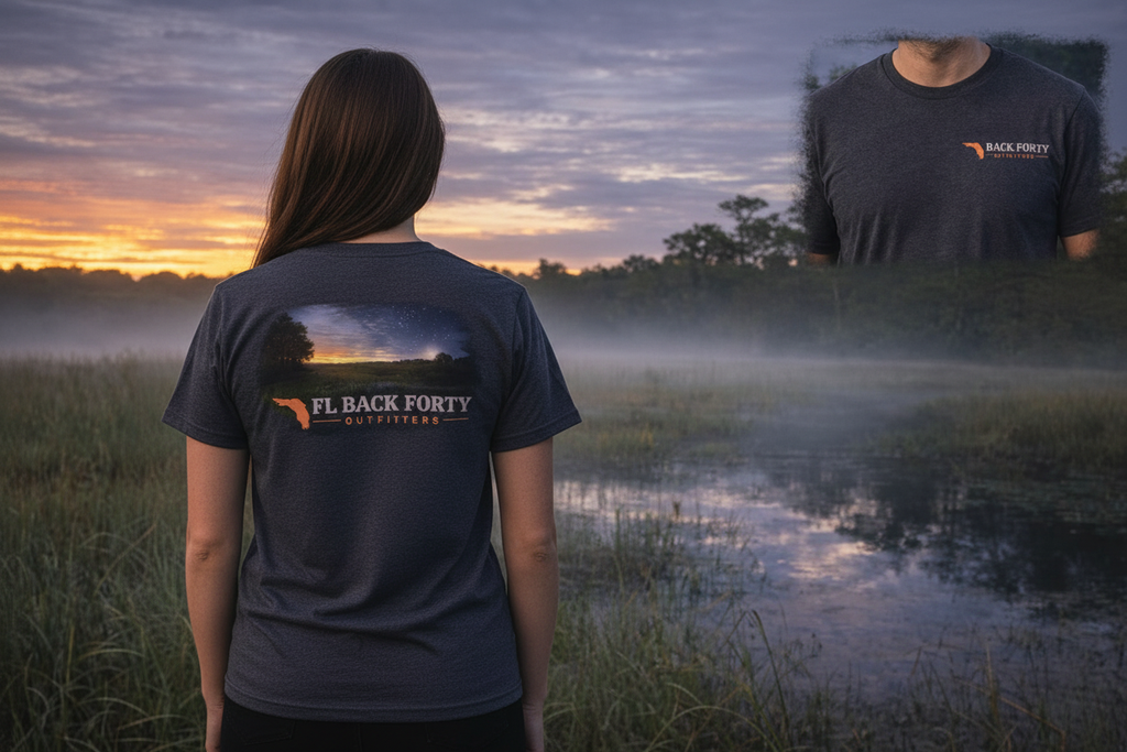 FL Back Forty Outfitters Evening Swamp tee – female model, grey