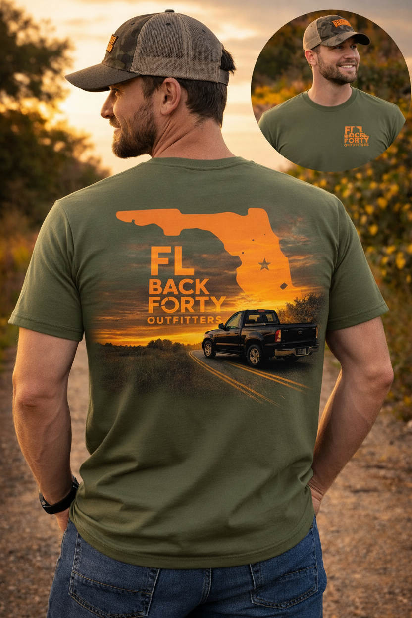 FL Back Forty Outfitters tee – male model, military green