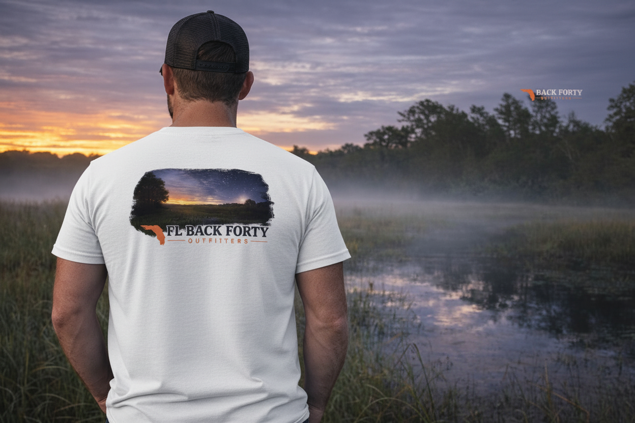 FL Back Forty Outfitters Evening Swamp tee – male model, white