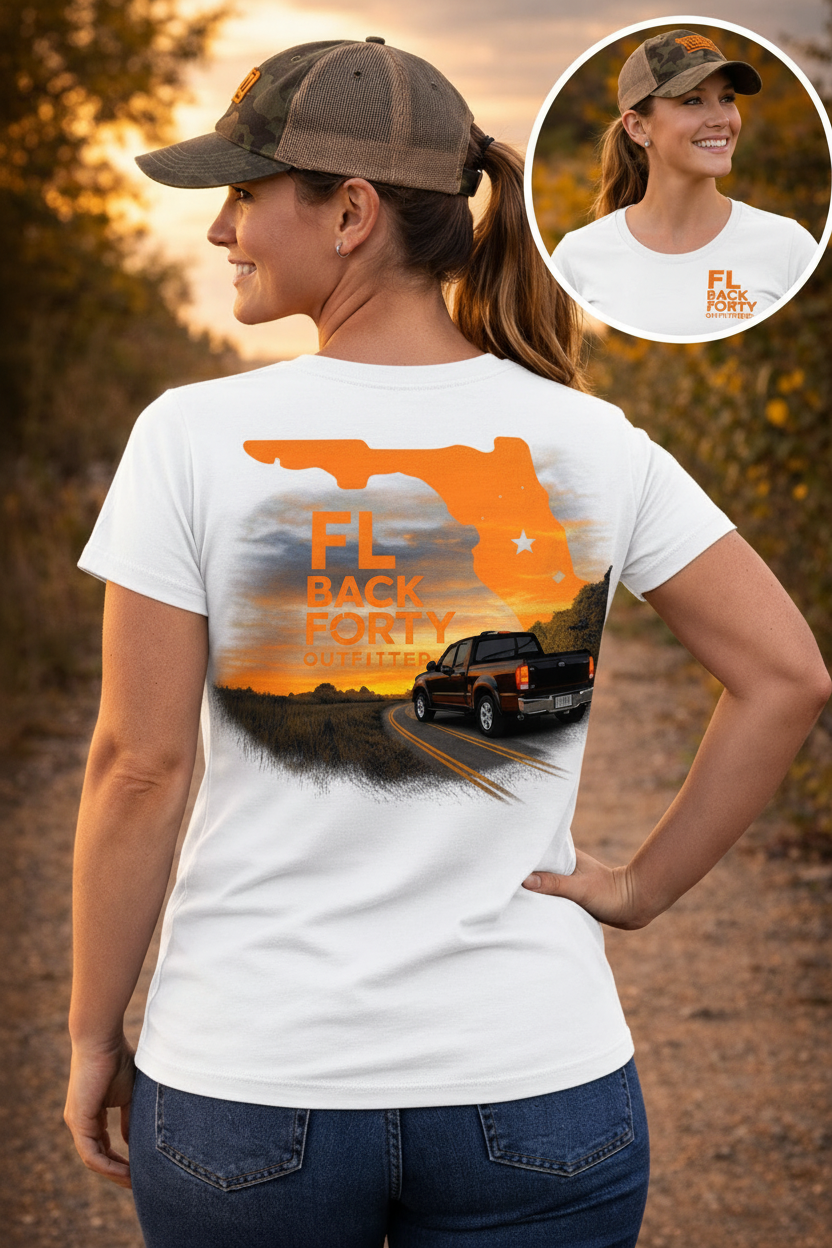 FL Back Forty Outfitters tee – female model, white