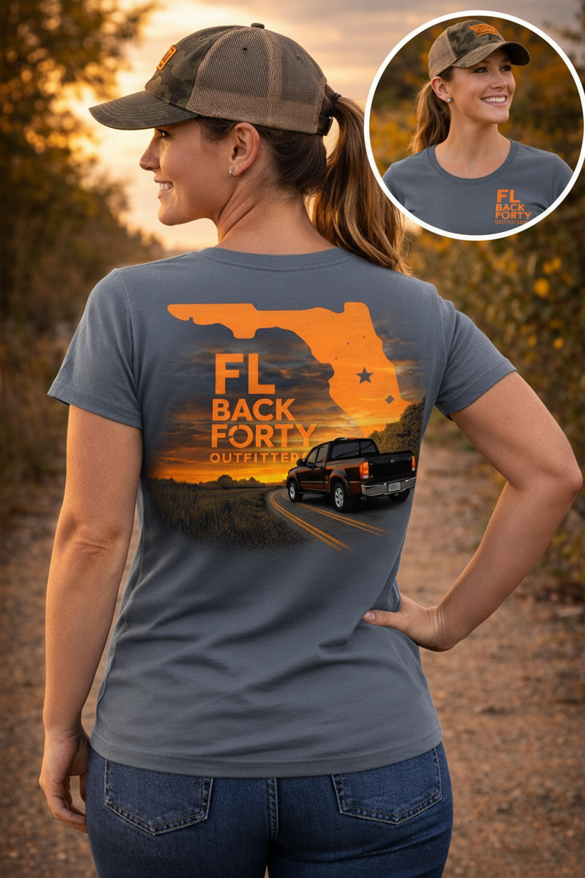 FL Back Forty Outfitters tee – female model, slate blue