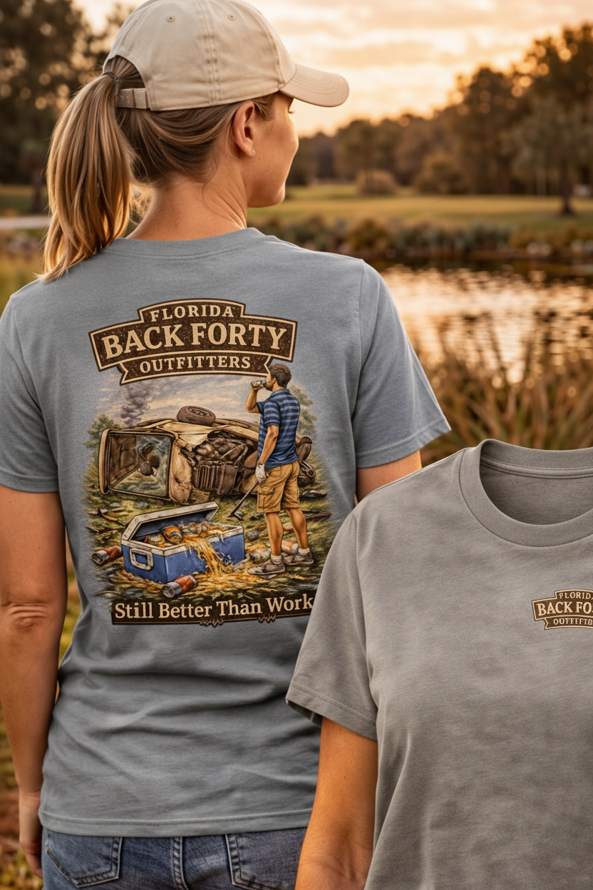 Still Better Than Work tee – female model, grey