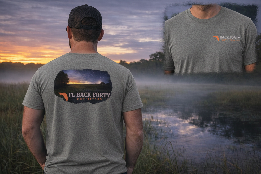 FL Back Forty Outfitters Evening Swamp tee – male model, grey