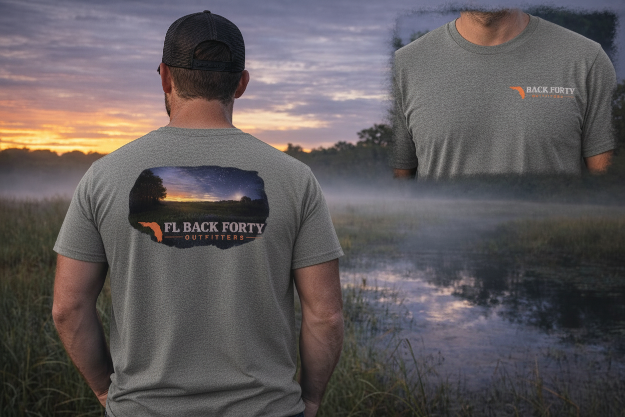 FL Back Forty Outfitters Evening Swamp tee – male model, grey