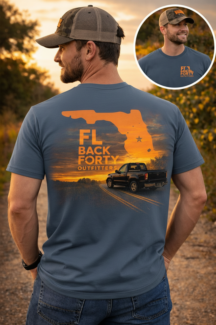 FL Back Forty Outfitters tee – male model, slate blue