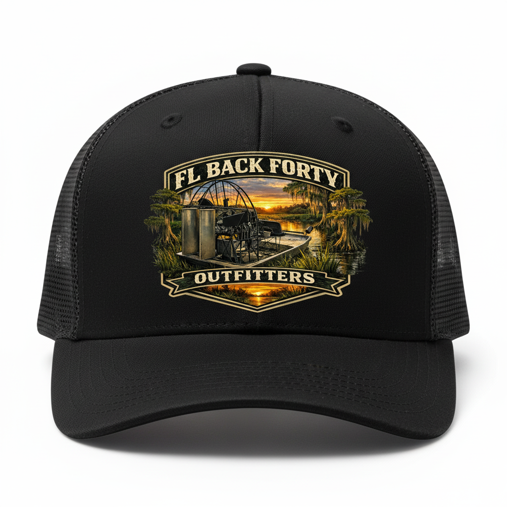 FL Back Forty Outfitters Black Trucker Hat Mockup