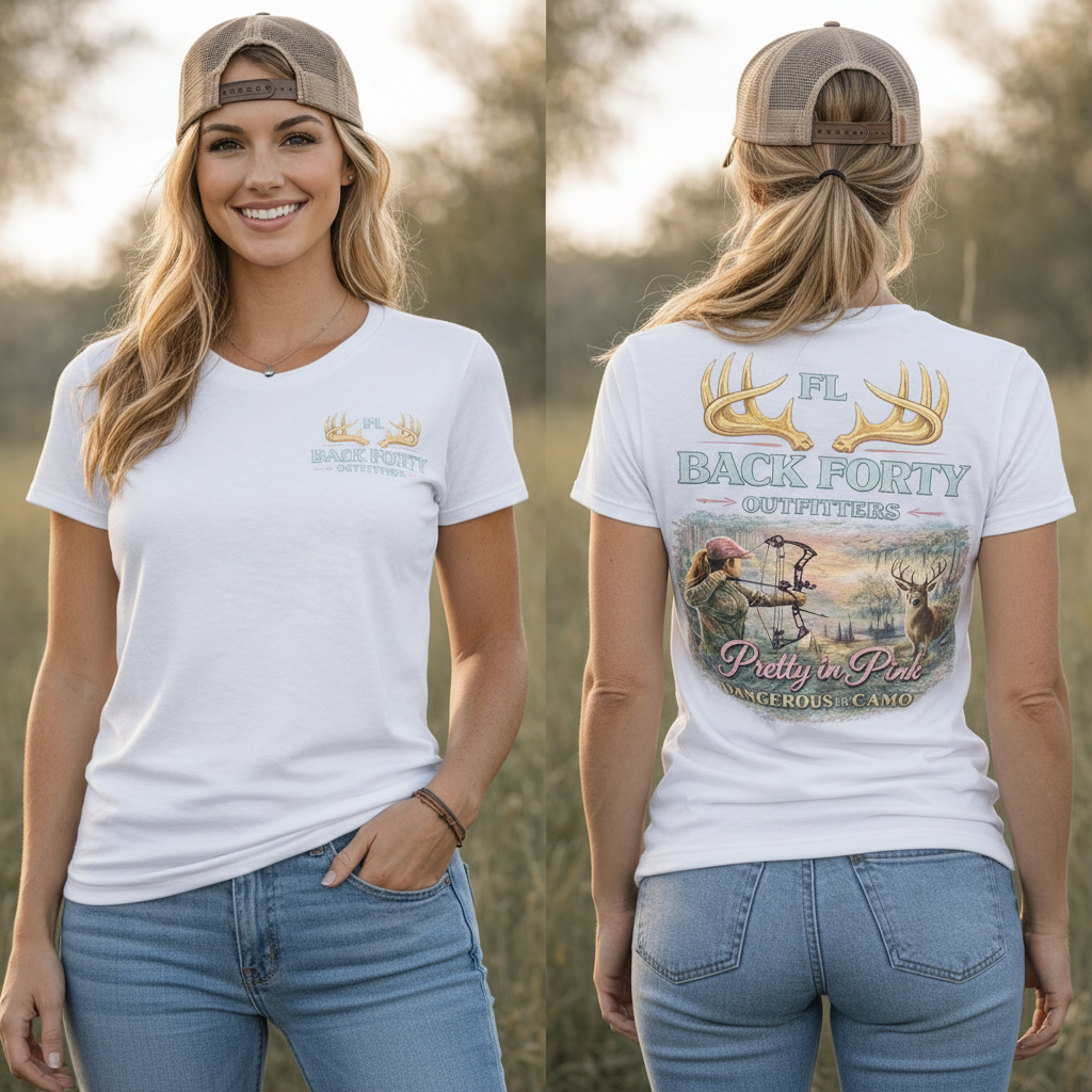 Pretty in Pink Dangerous in Camo women's hunting tee in white