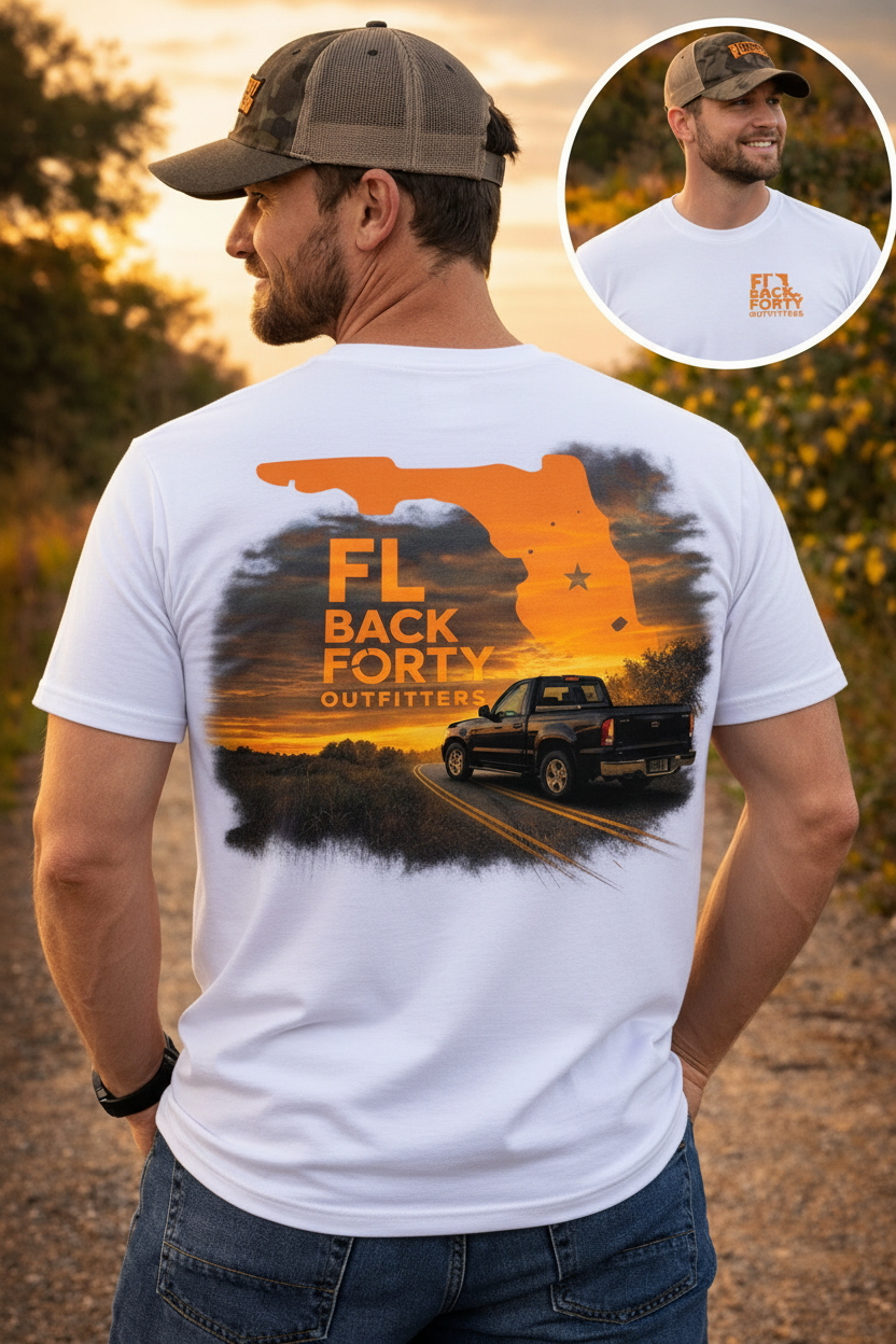 FL Back Forty Outfitters tee – male model, white