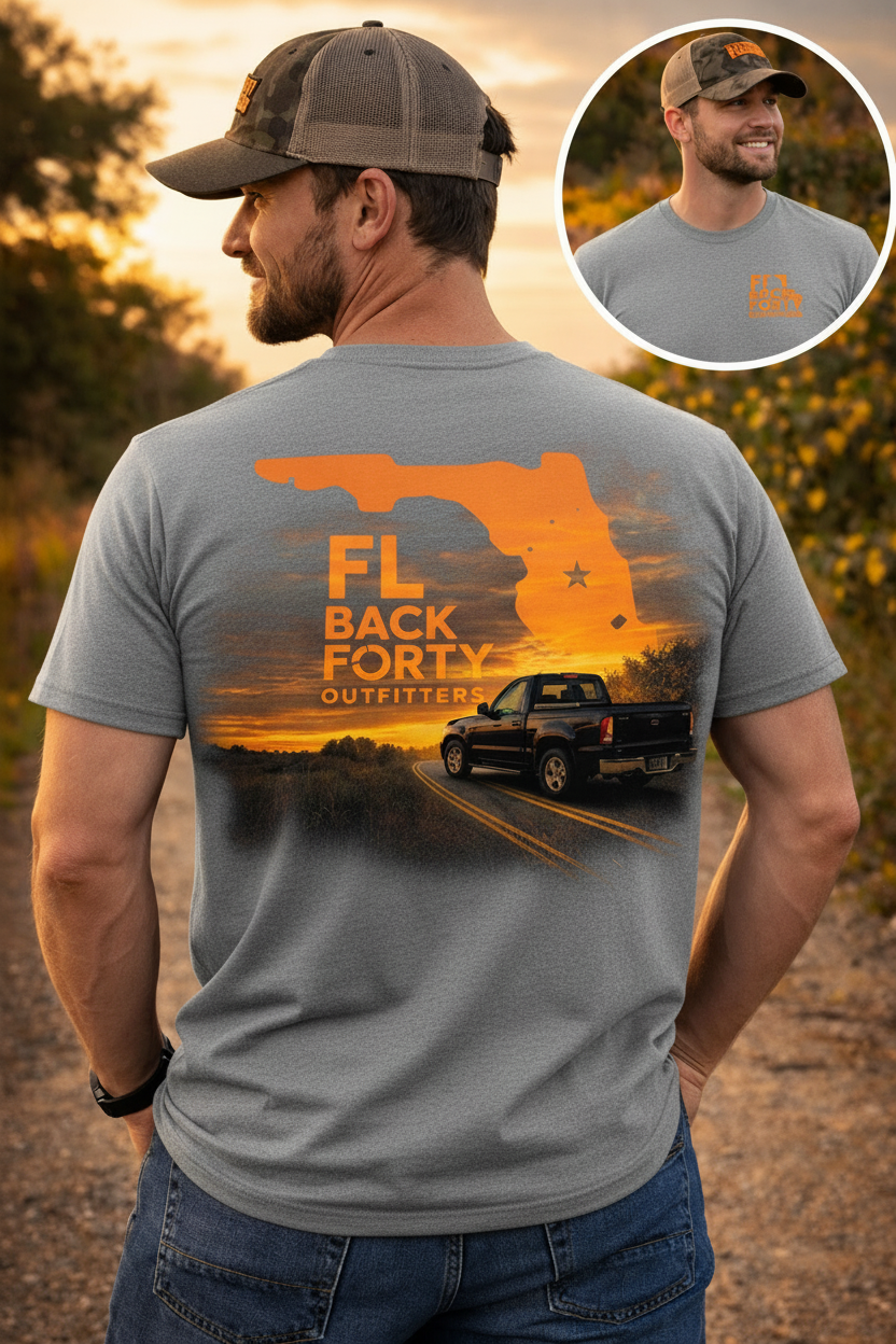 FL Back Forty Outfitters tee – male model, grey