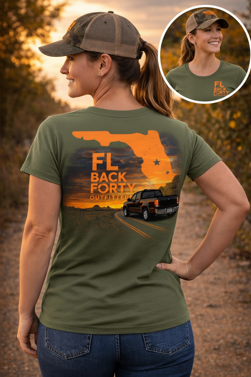 FL Back Forty Outfitters tee – female model, military green