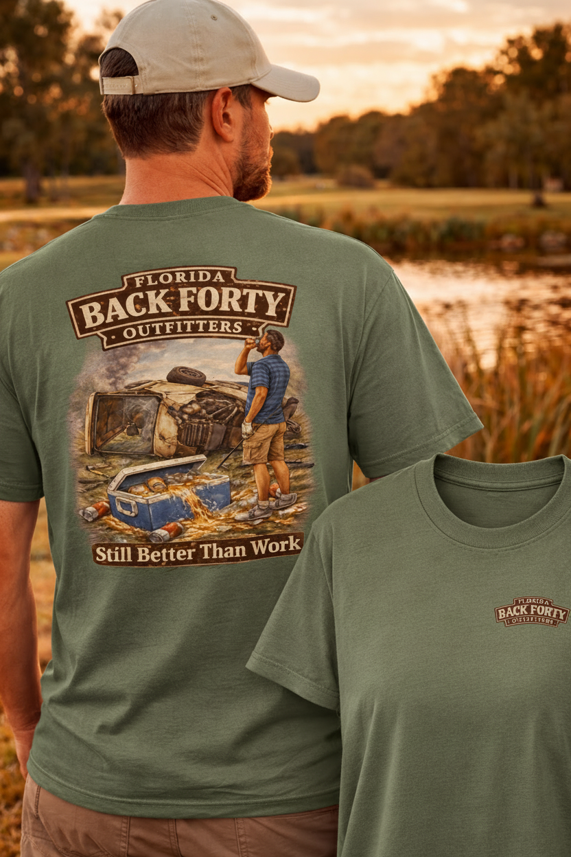Still Better Than Work tee – male model, military green
