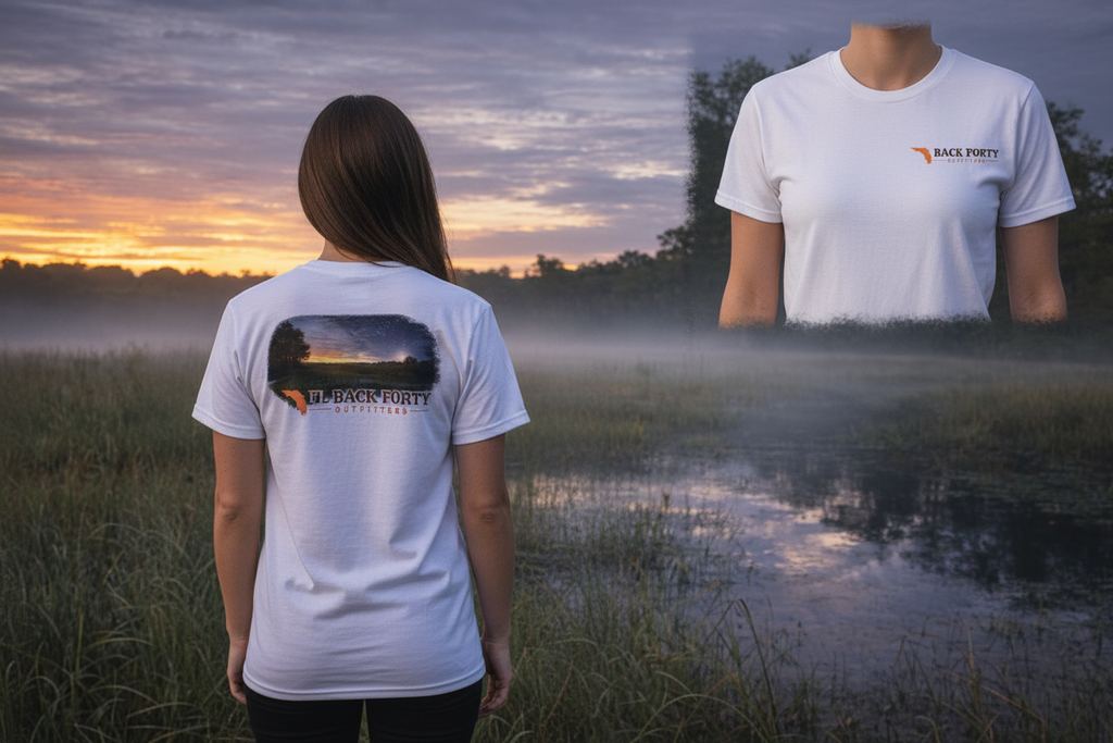 FL Back Forty Outfitters Evening Swamp tee – female model, white