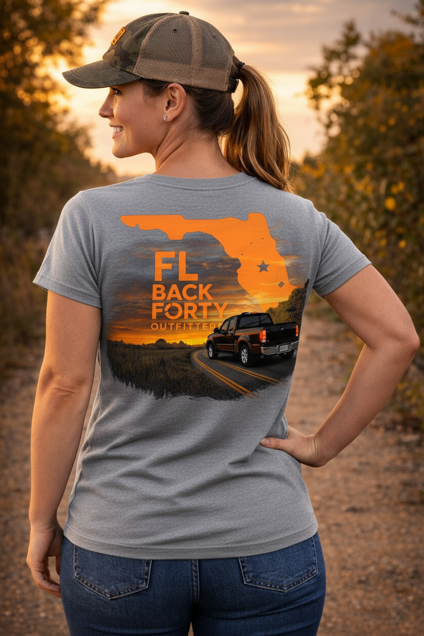 FL Back Forty Outfitters tee – female model, grey