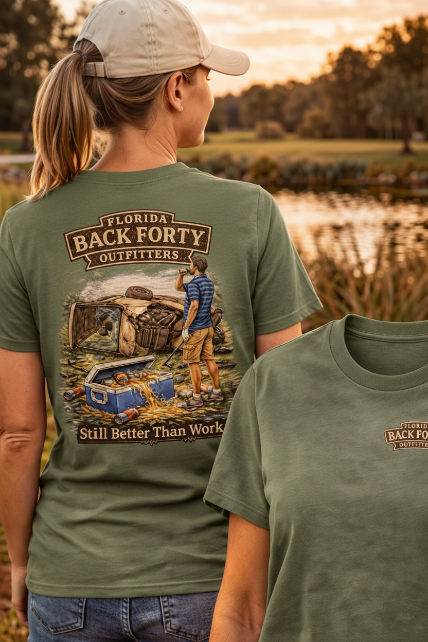Still Better Than Work tee – female model, military green