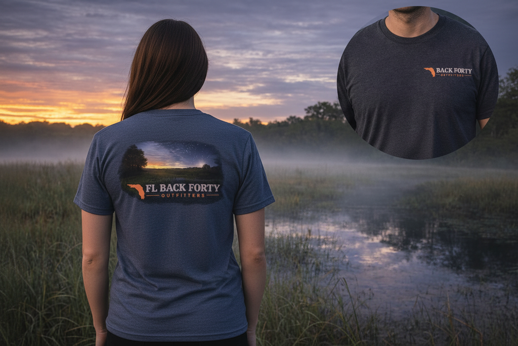 FL Back Forty Outfitters Evening Swamp tee – female model, slate blue