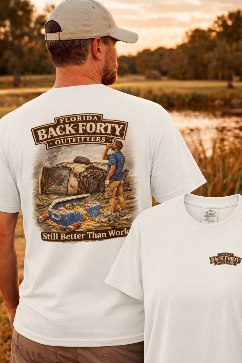 Still Better Than Work tee – male model, white
