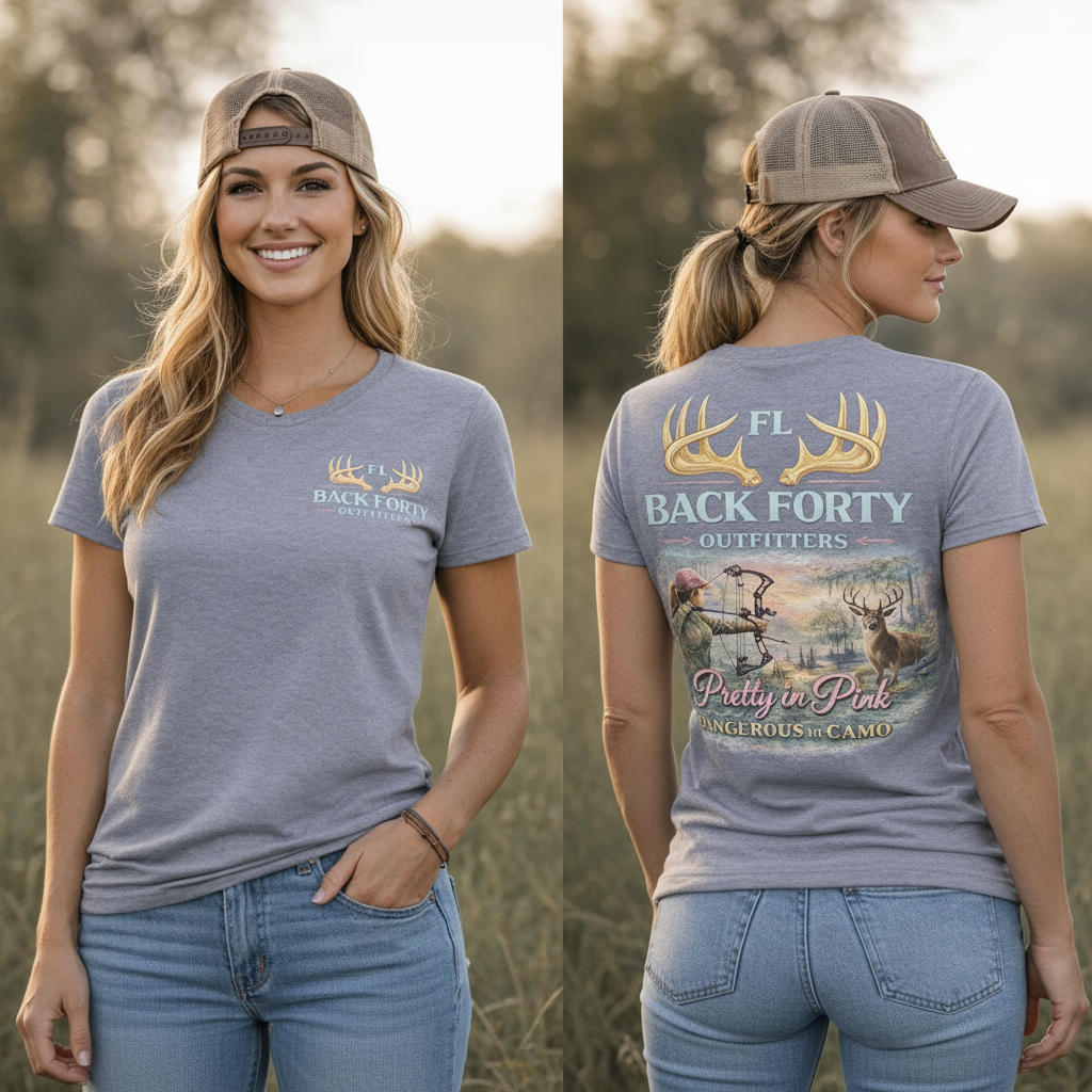 Pretty in Pink Dangerous in Camo women's hunting tee in military green