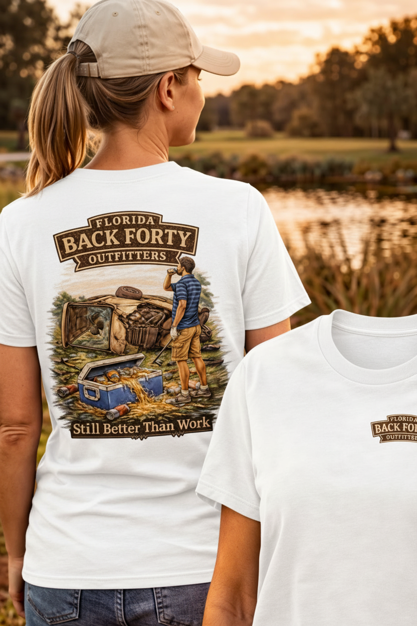 Still Better Than Work tee – female model, white
