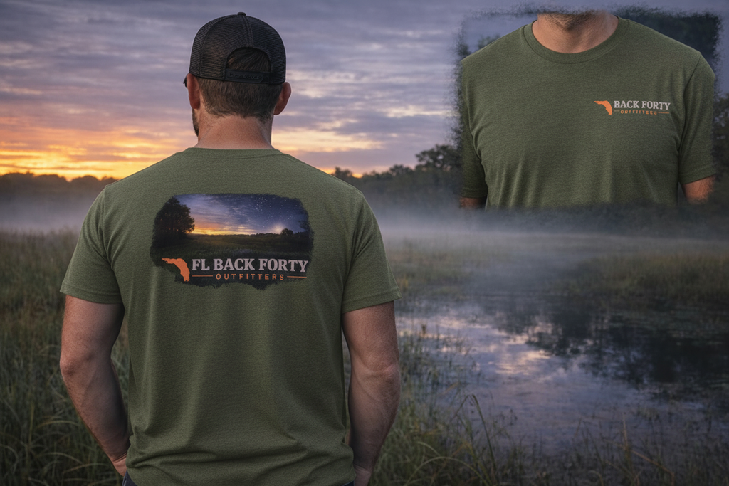 FL Back Forty Outfitters Evening Swamp tee – male model, military green
