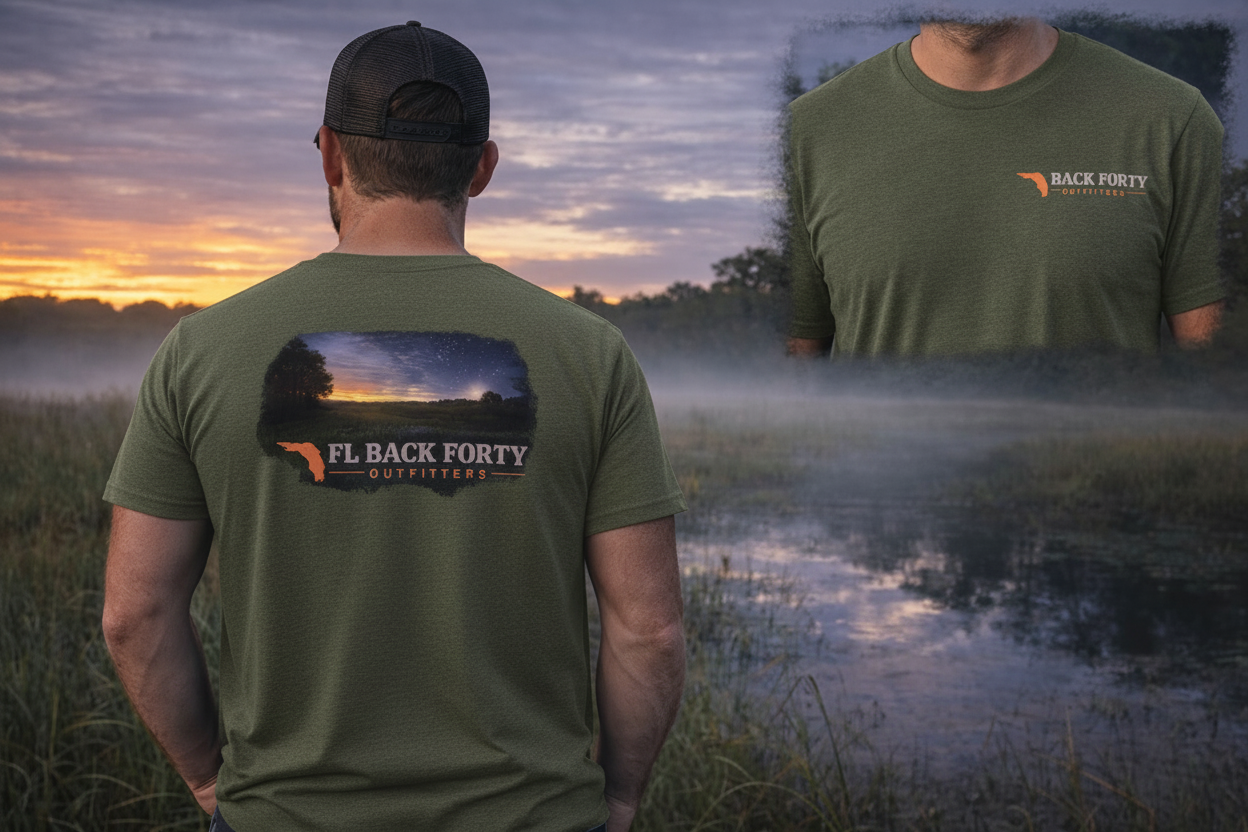 FL Back Forty Outfitters Evening Swamp tee – male model, military green