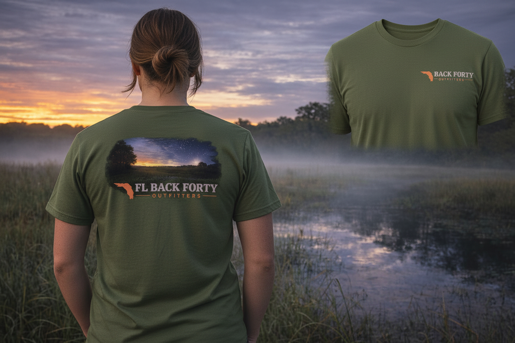 FL Back Forty Outfitters Evening Swamp tee – female model, military green