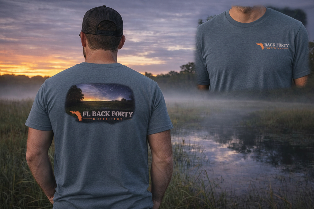 FL Back Forty Outfitters Evening Swamp tee – male model, slate blue