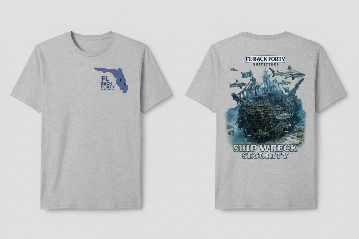 T-shirt mockup with logo and shipwreck design